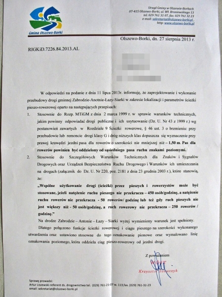 Odpowiedź na pismo ws. pseudo-ścieżki Zabrodzie - Antonie - Łazy - Siarki