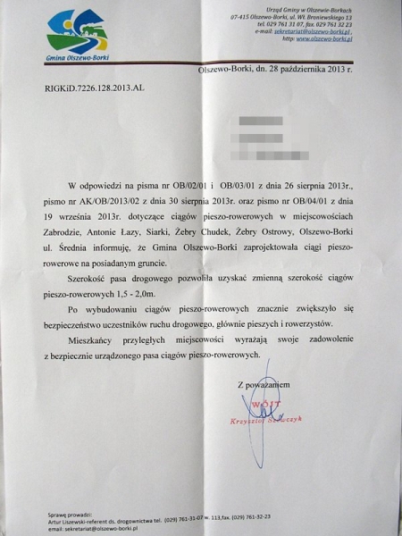 Odpowiedź ws. pseudo-ścieżek w gminie Olszewo-Borki