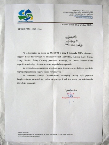 Odpowiedź ws. pseudo-ścieżki Zabrodzie - Siarki