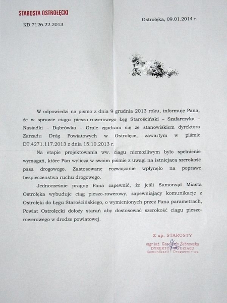 Odpowiedź Starostwa Powiatowego ws. pseudo-ścieżki Łęg Starościński - Grale