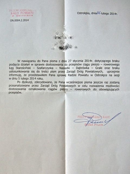 Odpowiedź Rady Powiatu ws. pseudo-ścieżki Łęg Przedmiejski