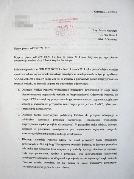 Pismo ws. ddr na ul. I AWP