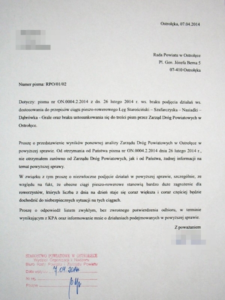 Pismo ws. pseudo-ścieżki Łęg Starościński - Grale